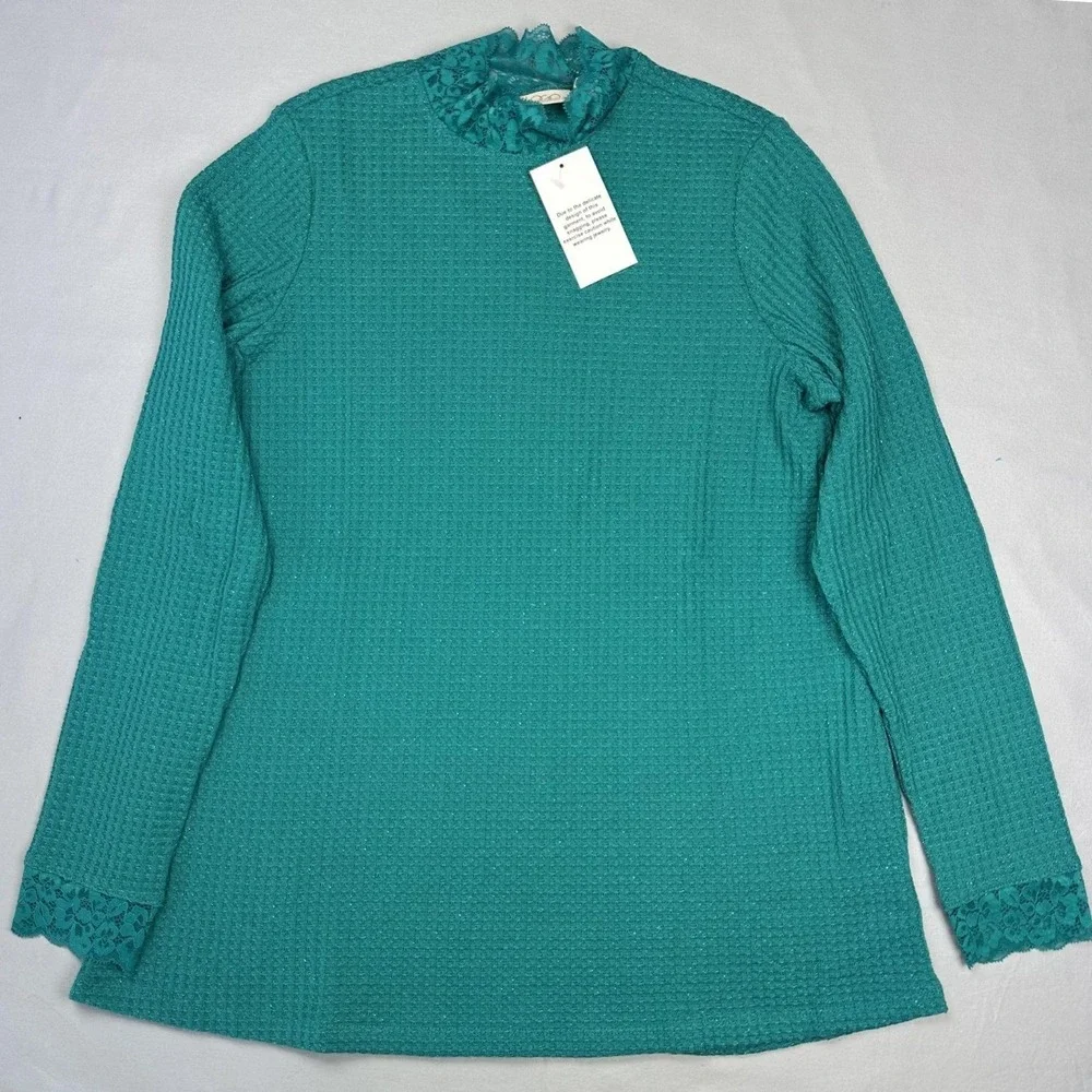 LOGO Lori Goldstein Sweater Womens Small Lace Waffle Tunic Pullover Top‎ Pockets